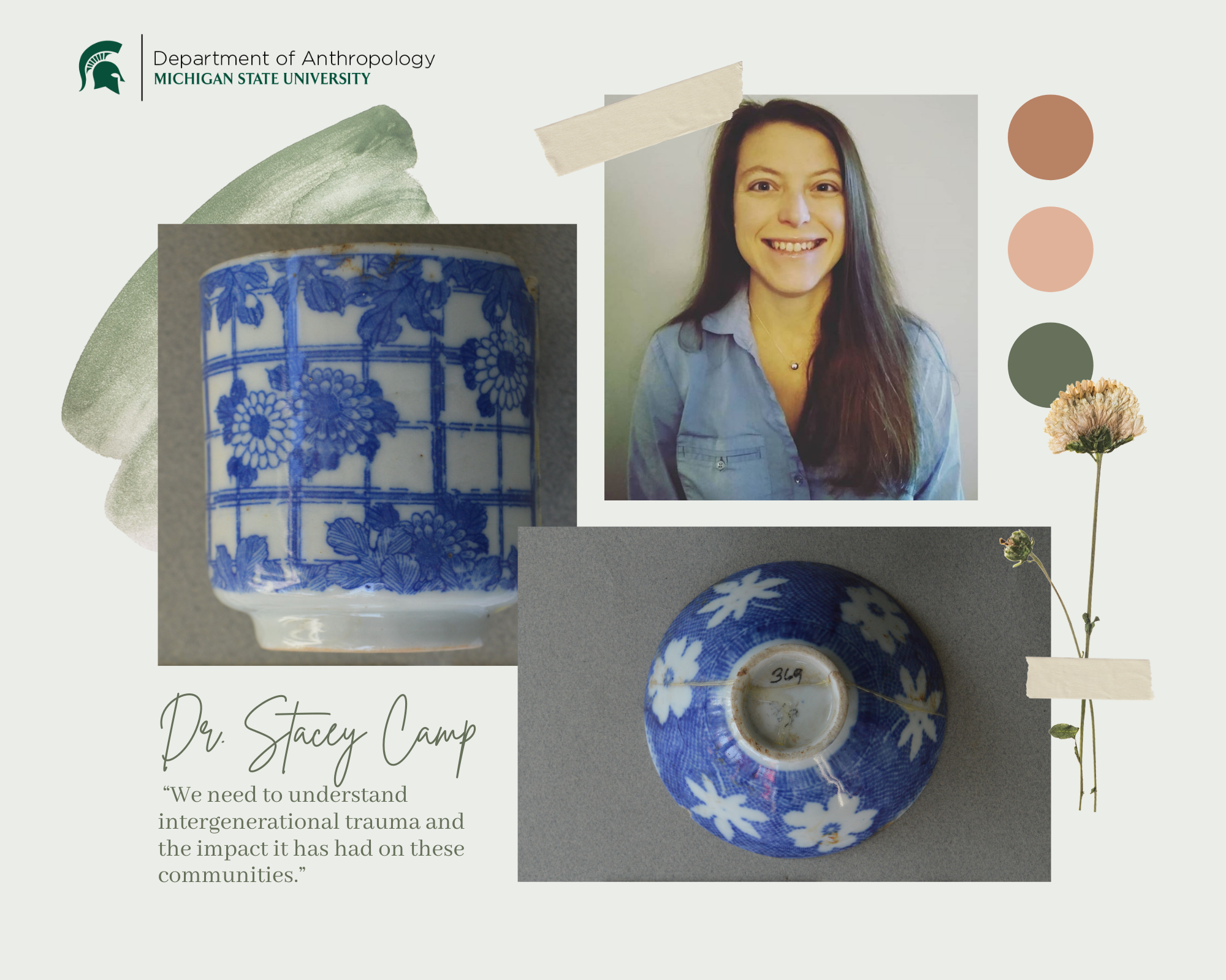 Stacey Camp and white and blue Japanese-American bowls and cups.